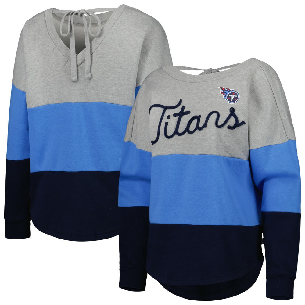 Tennessee Titans Touch Women's Outfield Deep V-Back Waist Length Pullover Sweatshirt - Heather Gray/Navy - NFL