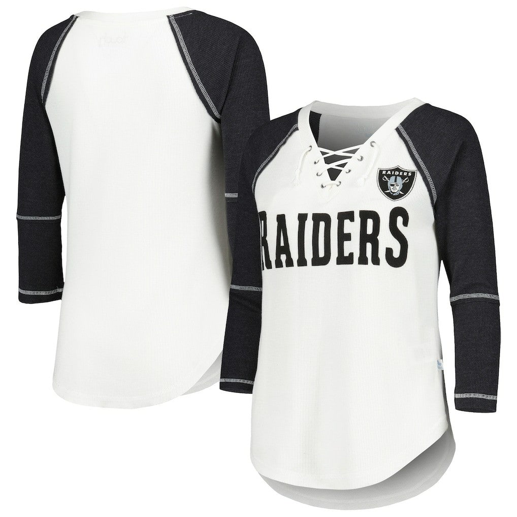 Las Vegas Raiders Touch Women's Rebel Raglan Tri-Blend 3/4-Sleeve Lace-Up V-Neck T-Shirt - White/Black - NFL