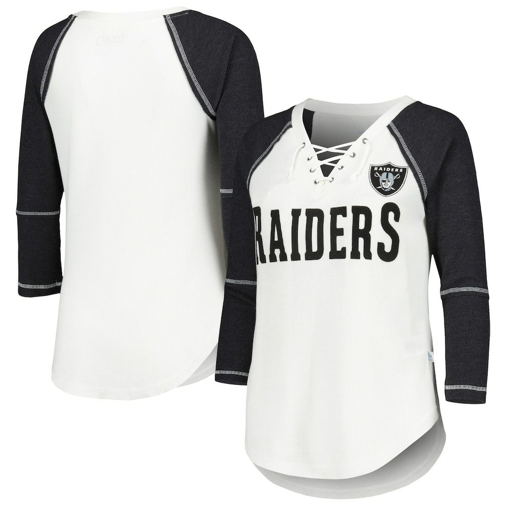 Las Vegas Raiders Touch Women's Rebel Raglan Tri-Blend 3/4-Sleeve Lace-Up V-Neck T-Shirt - White/Black - NFL