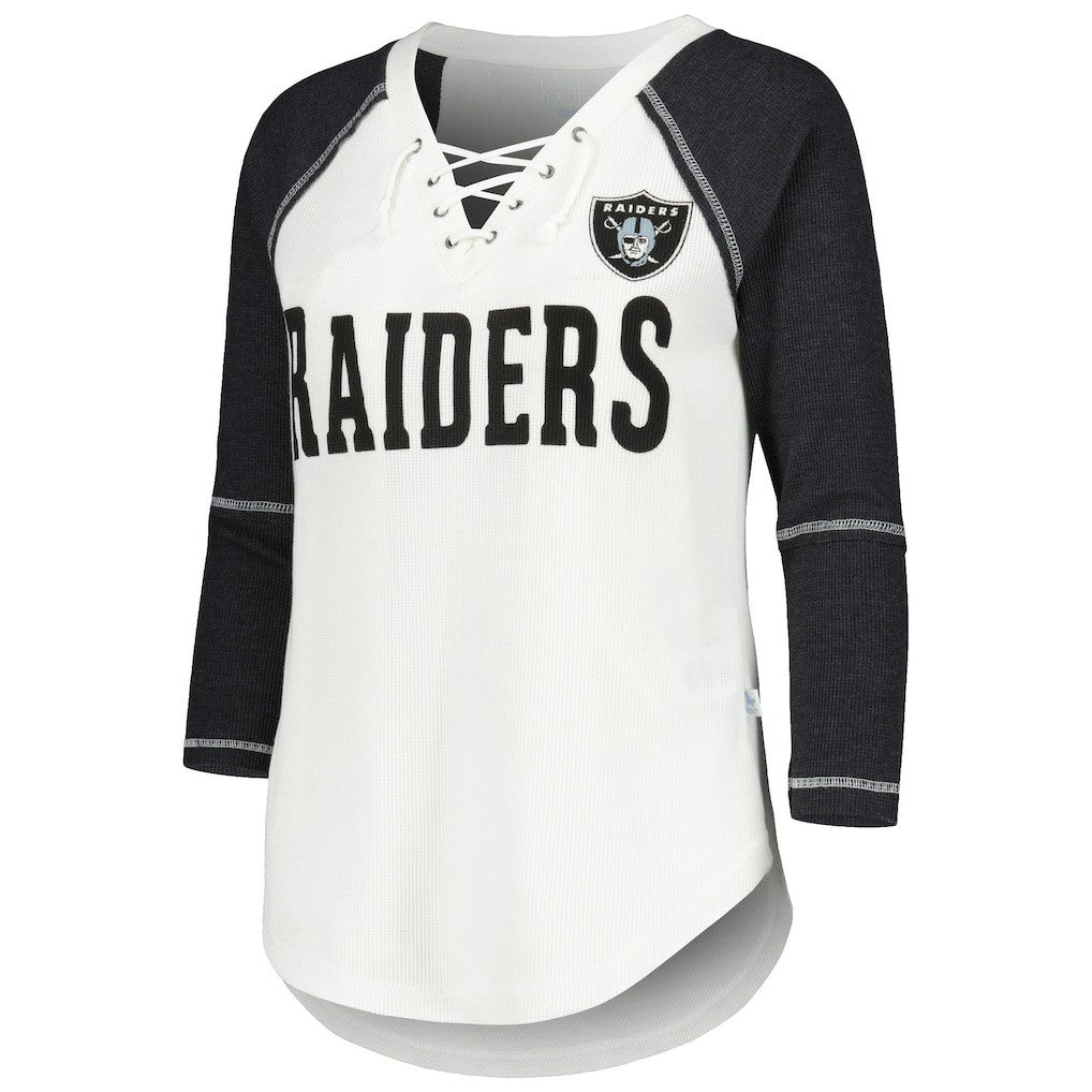 Las Vegas Raiders Touch Women's Rebel Raglan Tri-Blend 3/4-Sleeve Lace-Up V-Neck T-Shirt - White/Black - NFL