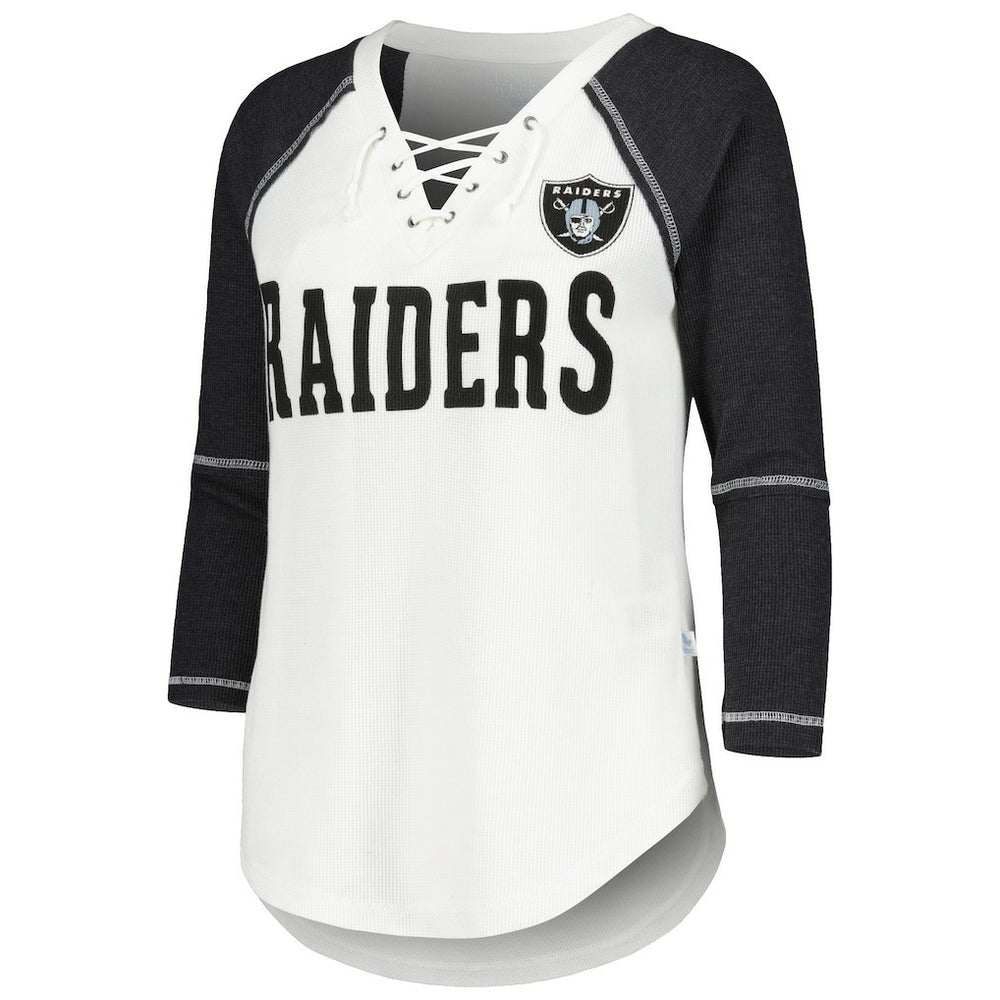Las Vegas Raiders Touch Women's Rebel Raglan Tri-Blend 3/4-Sleeve Lace-Up V-Neck T-Shirt - White/Black - NFL