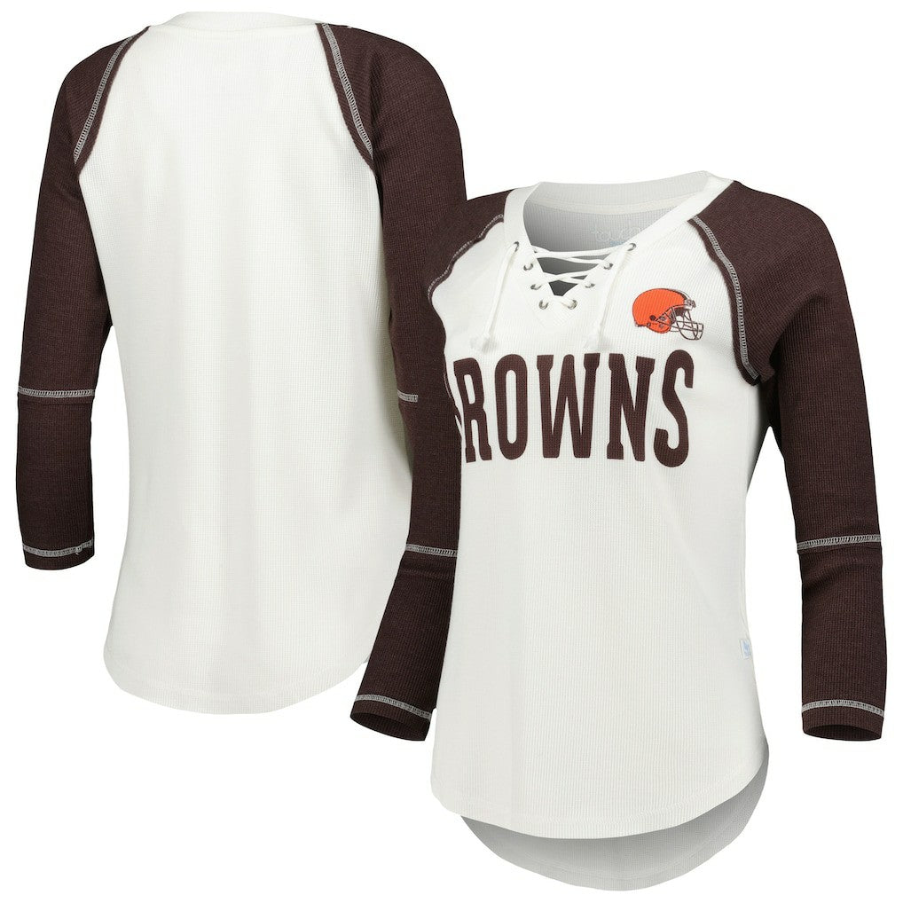 Cleveland Browns Touch Women's Rebel Raglan Tri-Blend 3/4-Sleeve Lace-Up V-Neck T-Shirt - White/Brown - NFL