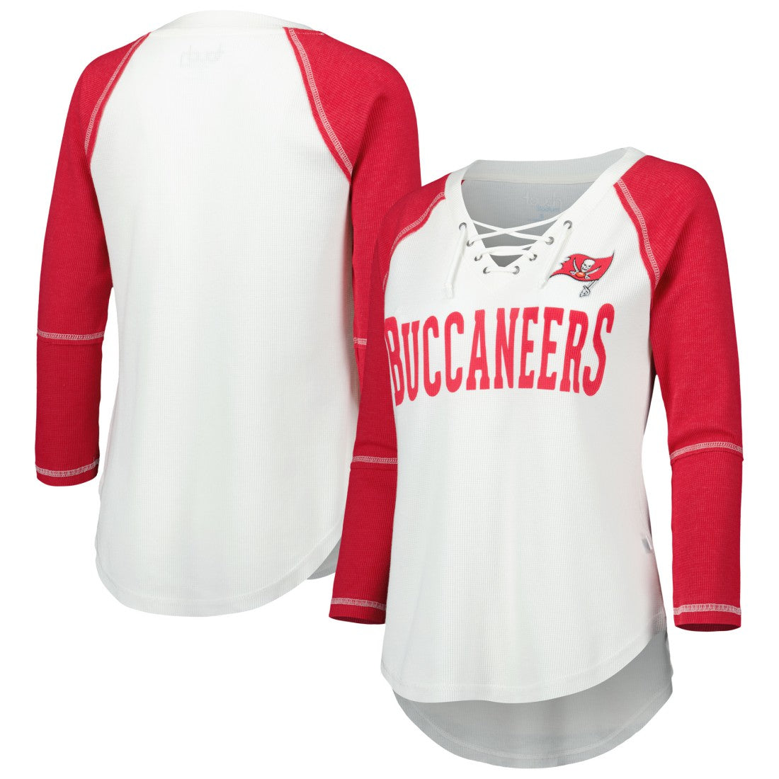 Tampa Bay Buccaneers Touch Women's Rebel Raglan Tri-Blend 3/4-Sleeve Lace-Up V-Neck T-Shirt - White/Red - NFL