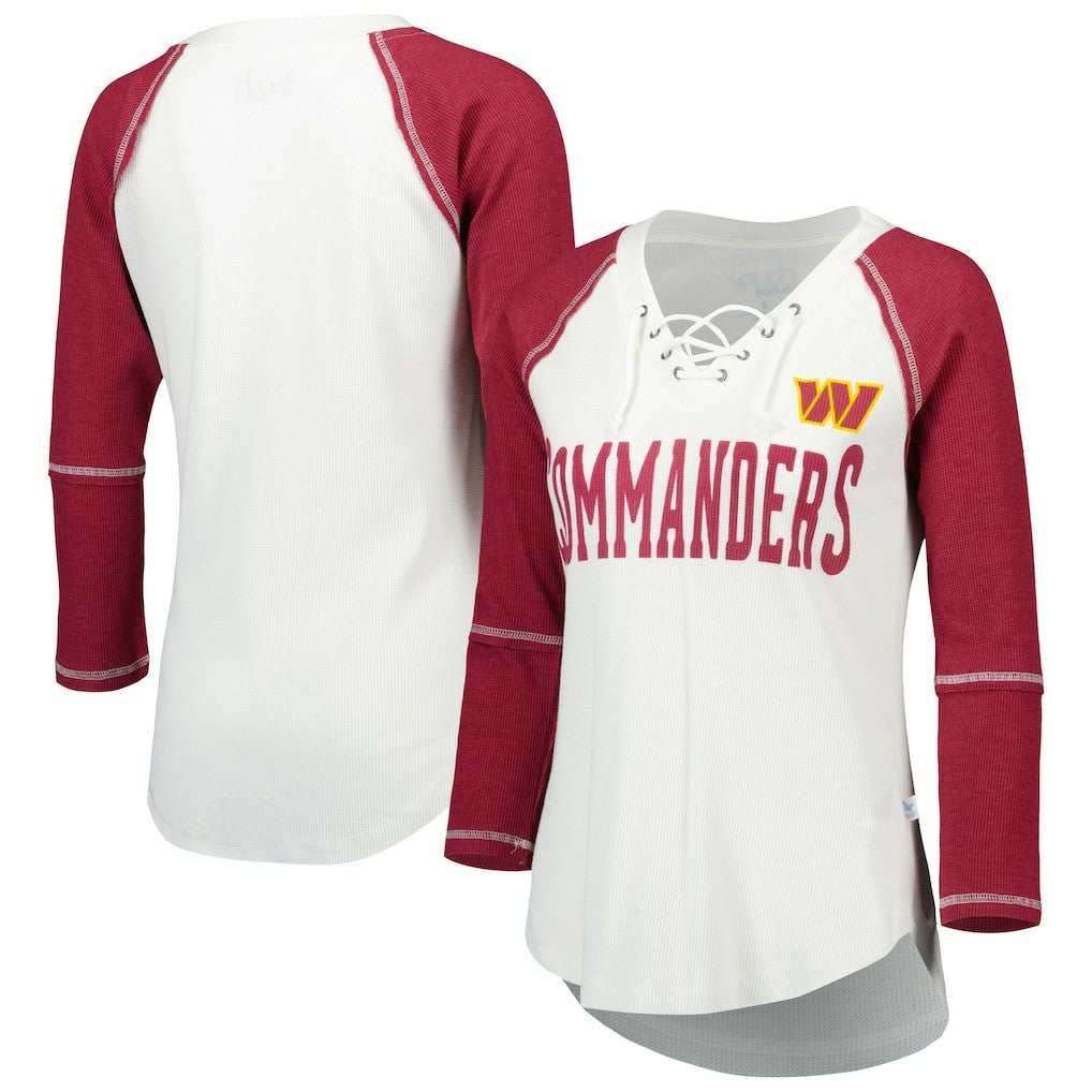 Washington Commanders Touch Women's Rebel Raglan Tri-Blend 3/4-Sleeve Lace-Up V-Neck T-Shirt - White/Burgundy - NFL