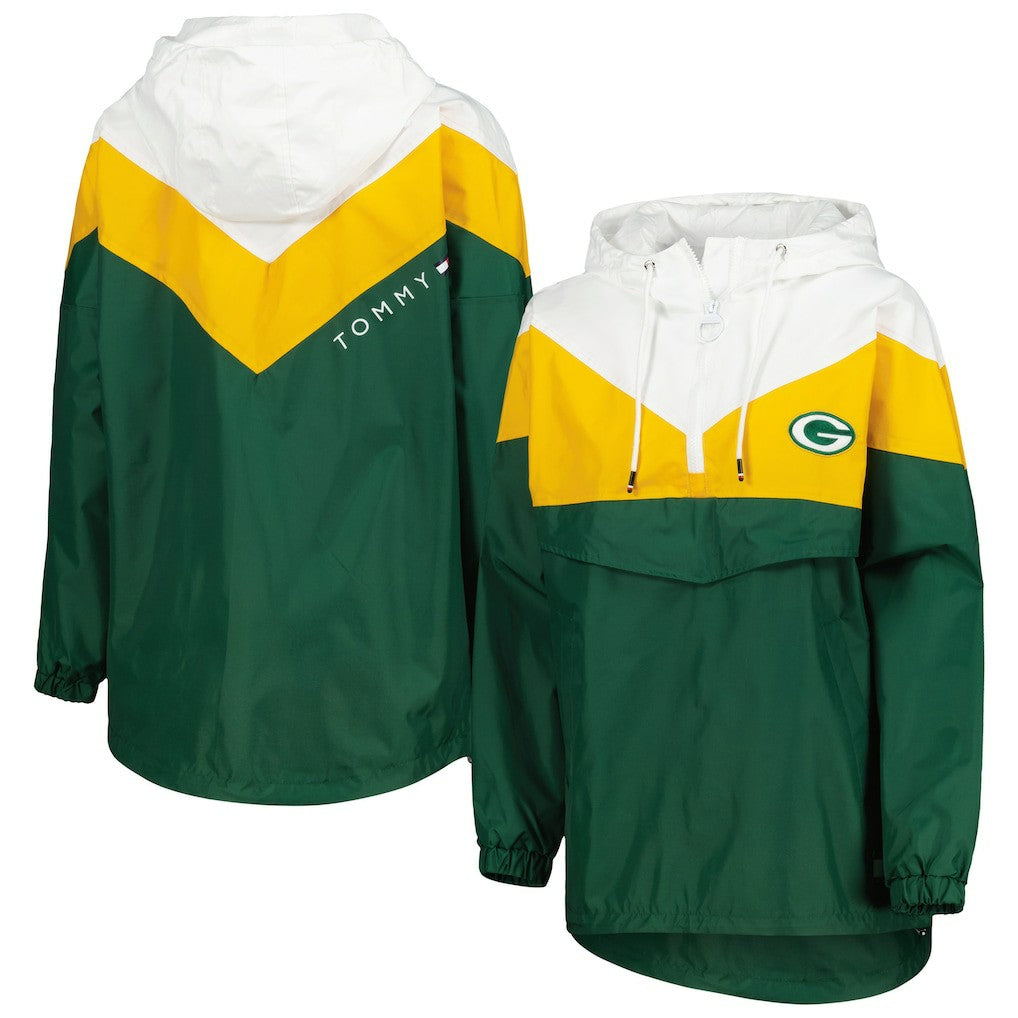 Green Bay Packers Tommy Hilfiger Women's Staci Half-Zip Hoodie Windbreaker Jacket - White/Gold - NFL