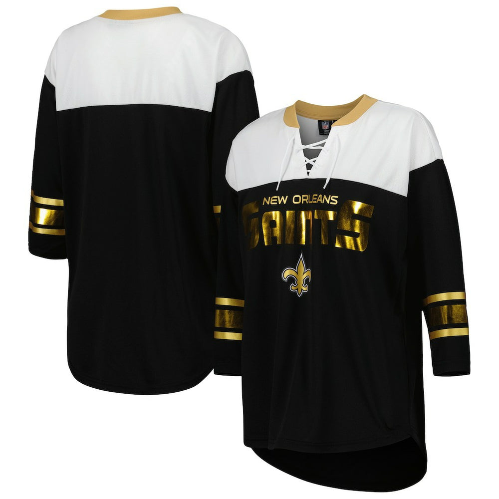 New Orleans Saints G-III 4Her by Carl Banks Women's Double Team 3/4-Sleeve Lace-Up T-Shirt - Black/White - NFL