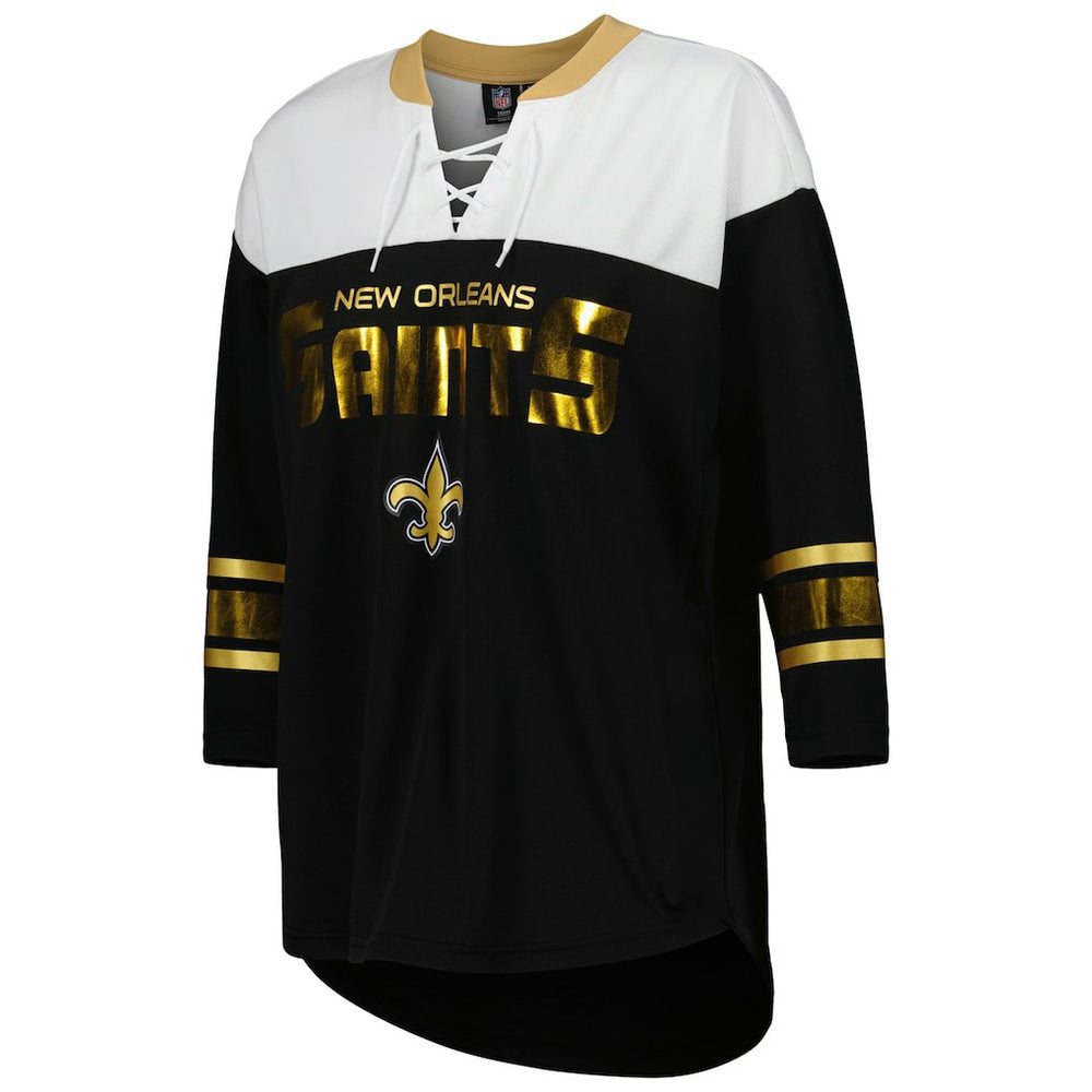 New Orleans Saints G-III 4Her by Carl Banks Women's Double Team 3/4-Sleeve Lace-Up T-Shirt - Black/White - NFL