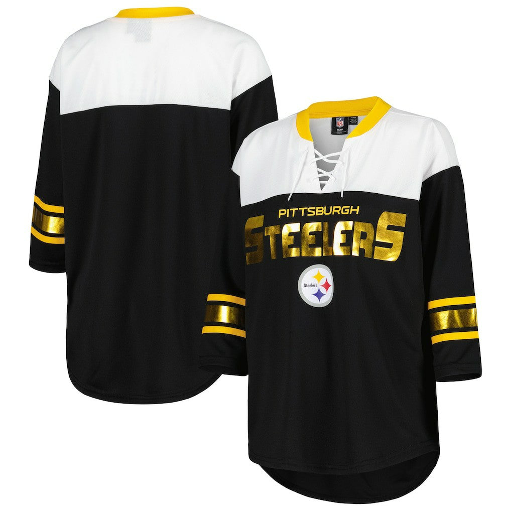 Pittsburgh Steelers G-III 4Her by Carl Banks Women's Double Team 3/4-Sleeve Lace-Up T-Shirt - Black/White - NFL