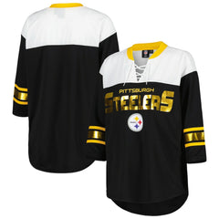 Pittsburgh Steelers G-III 4Her by Carl Banks Women's Double Team 3/4-Sleeve Lace-Up T-Shirt - Black/White - NFL