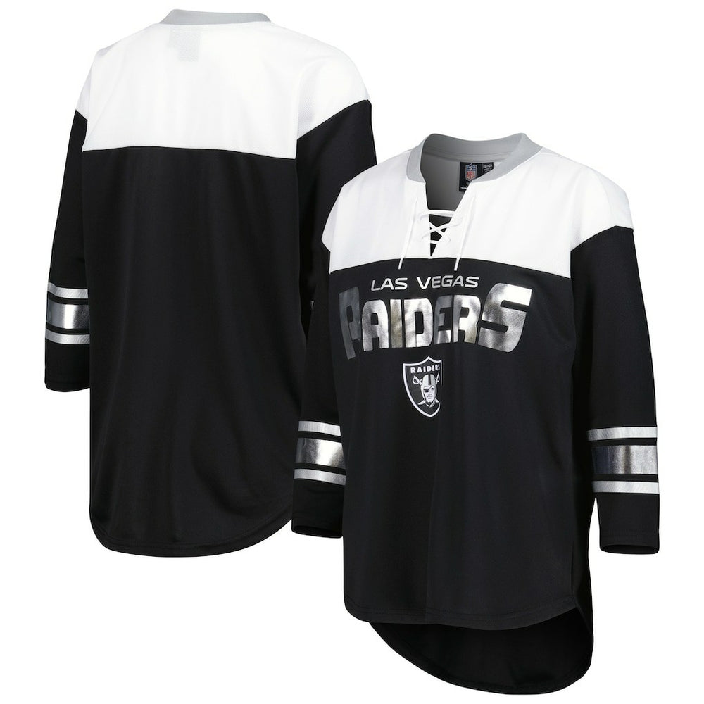 Las Vegas Raiders G-III 4Her by Carl Banks Women's Double Team 3/4-Sleeve Lace-Up T-Shirt - Black/White - NFL