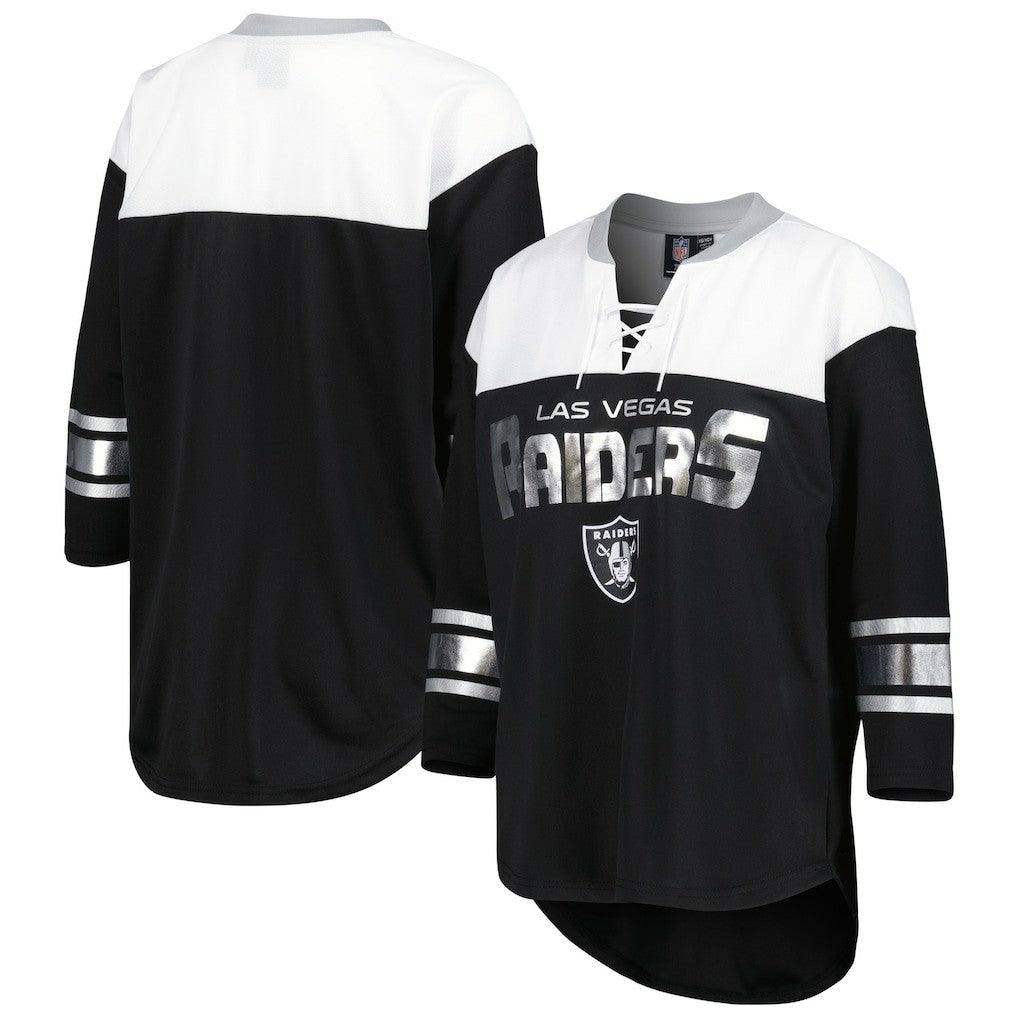 Las Vegas Raiders G-III 4Her by Carl Banks Women's Double Team 3/4-Sleeve Lace-Up T-Shirt - Black/White - NFL