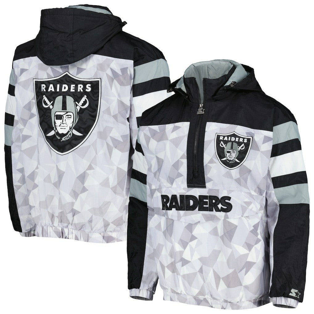 Las Vegas Raiders Starter Thursday Night Gridiron Raglan Half-Zip Hooded Jacket - White/Black - NFL
