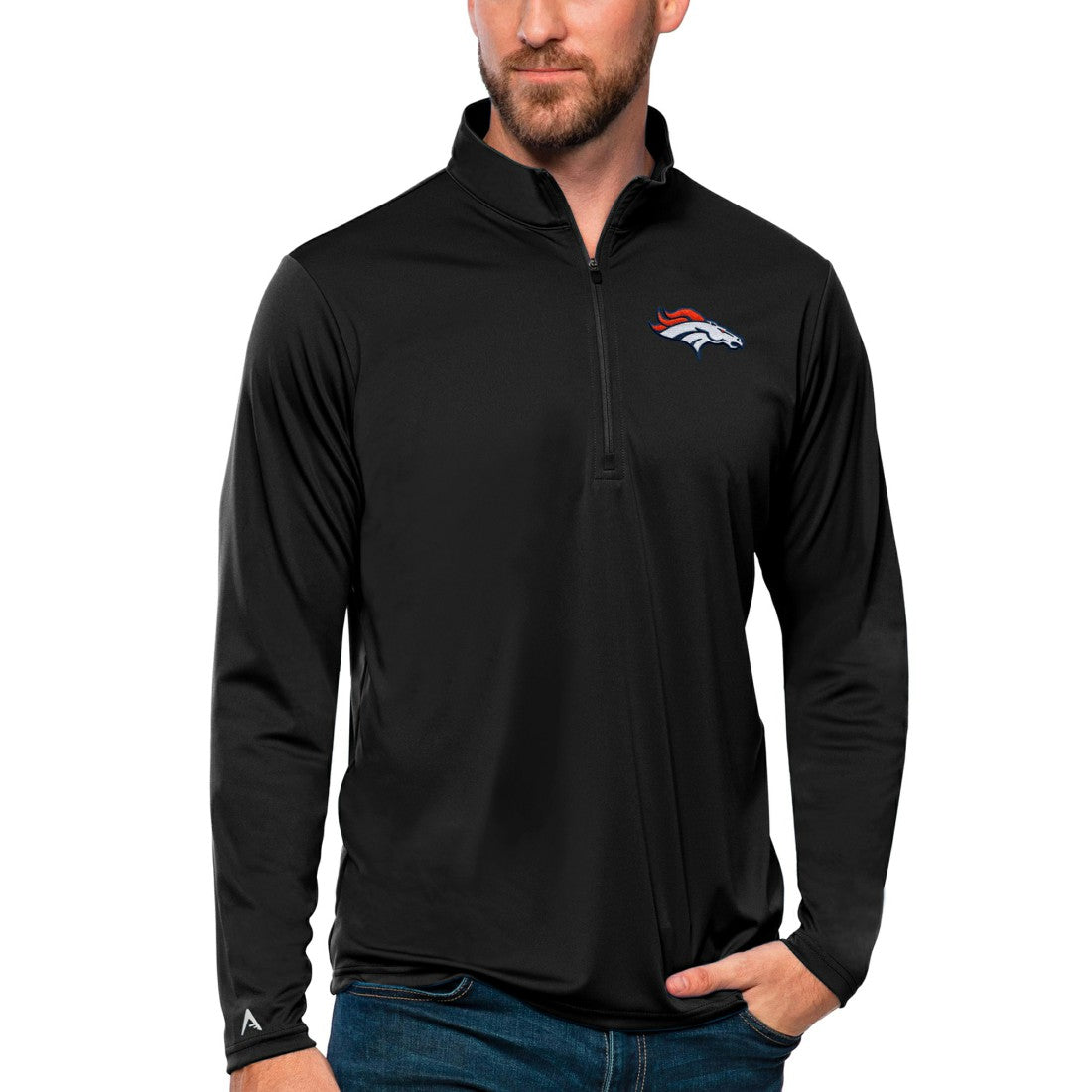 Denver Broncos Antigua Tribute Quarter-Zip Lightweight Pullover Top - Black - NFL