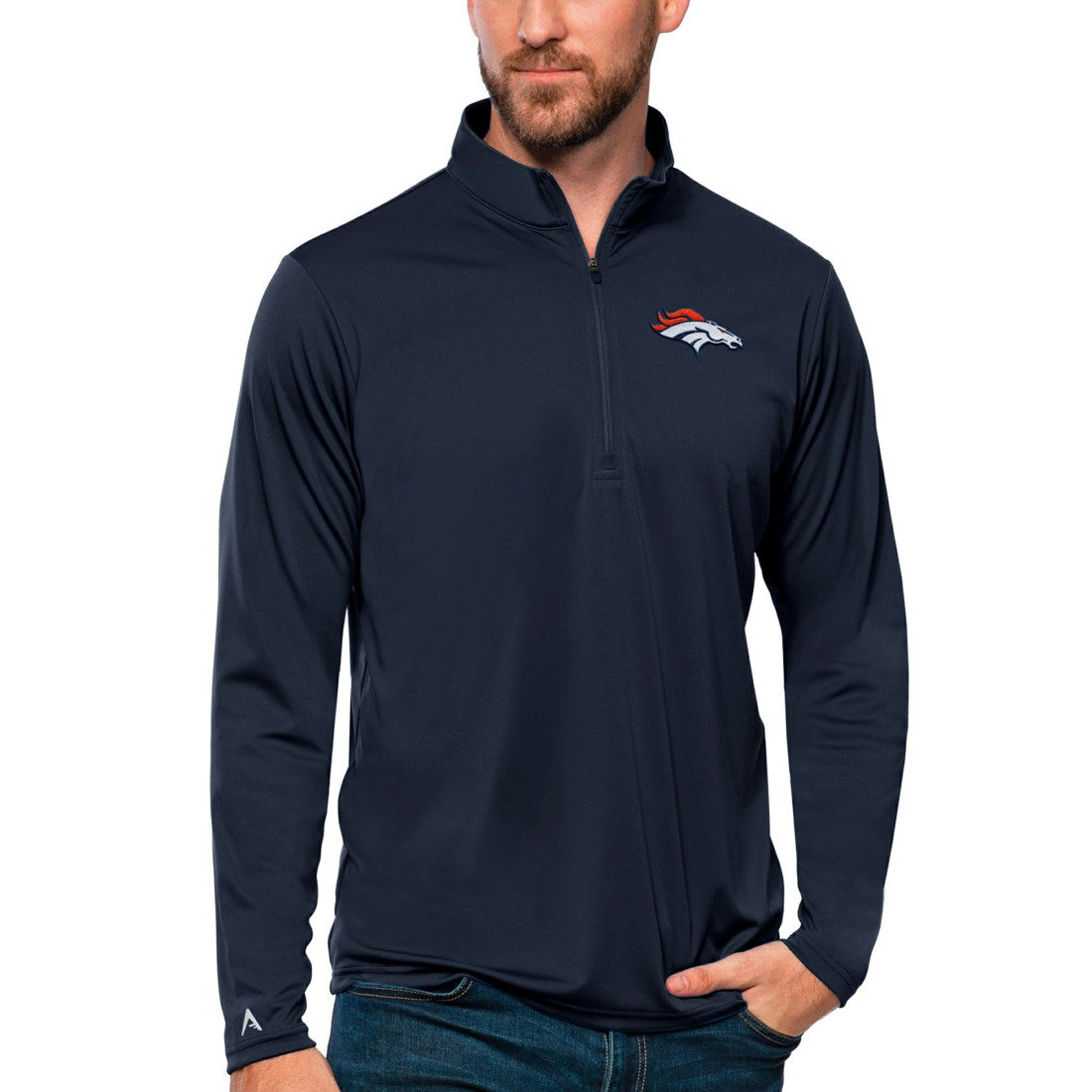Denver Broncos Antigua Tribute Quarter-Zip Lightweight Pullover Top - Navy - NFL