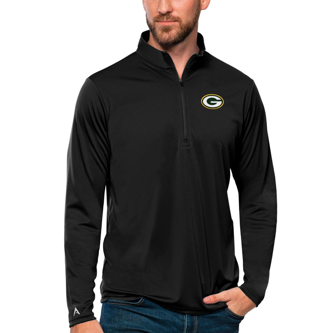 Green Bay Packers Antigua Tribute Quarter-Zip Lightweight Pullover Top - Black - NFL