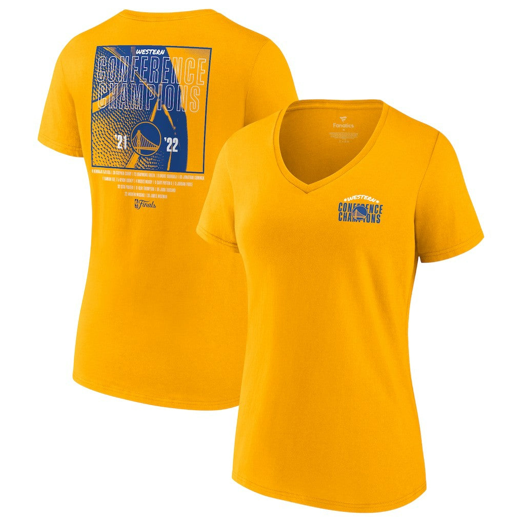 Fanatics Golden State Warriors Women's 2022 Western Conference Champions Balanced Attack Roster V-Neck T-Shirt Gold
