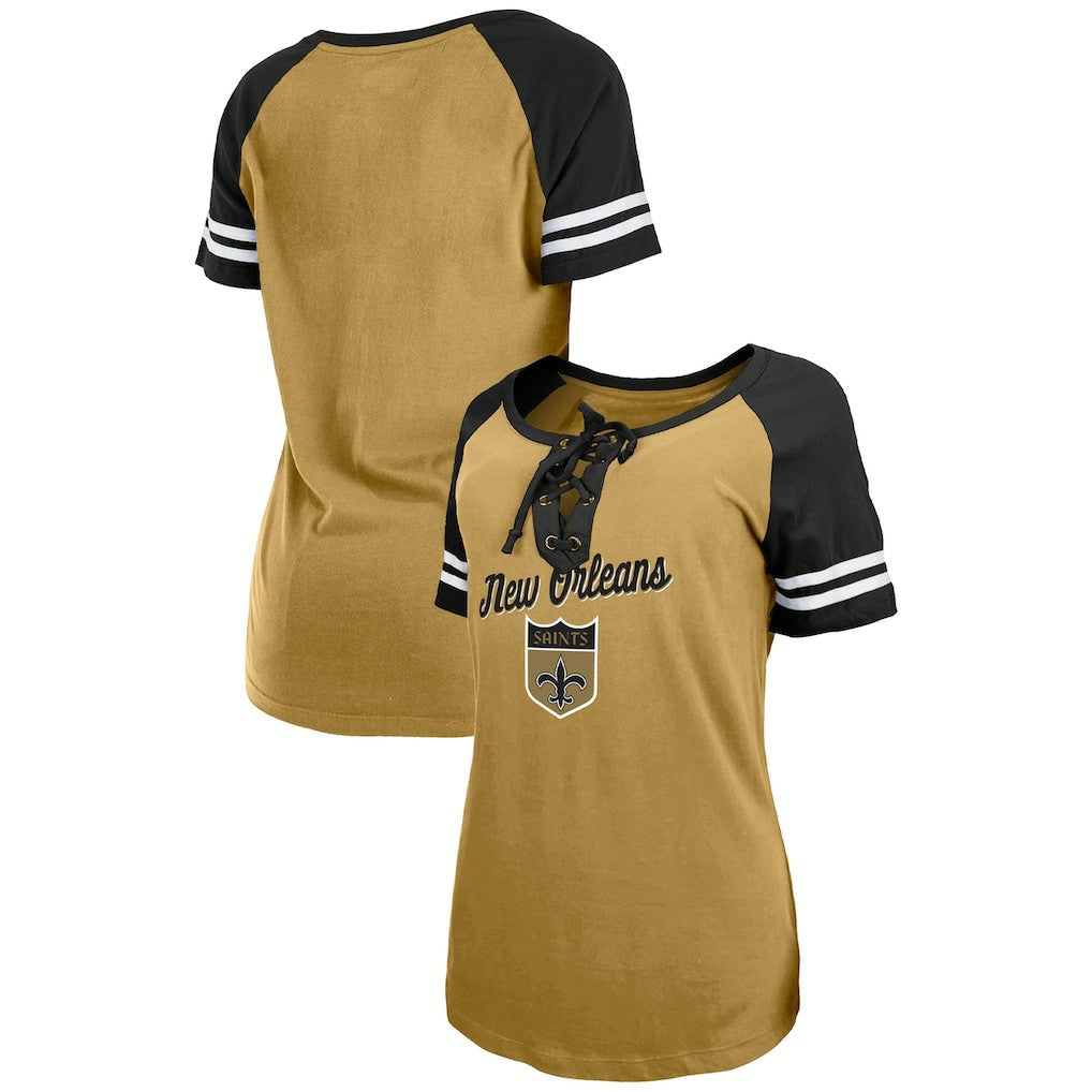 New Orleans Saints New Era Women's Legacy Lace-Up Raglan T-Shirt - Gold/Black - NFL