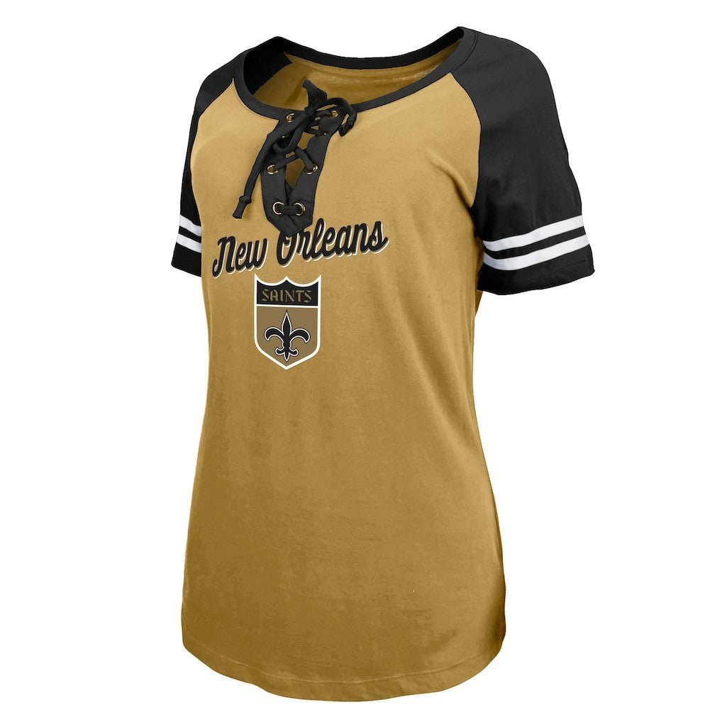 New Orleans Saints New Era Women's Legacy Lace-Up Raglan T-Shirt - Gold/Black - NFL