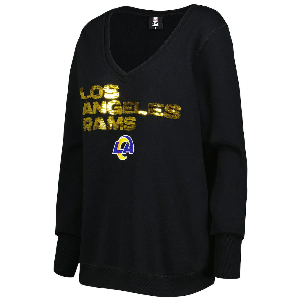 Los Angeles Rams Cuce Women's Sequin Logo V-Neck Pullover Sweatshirt - Black - NFL