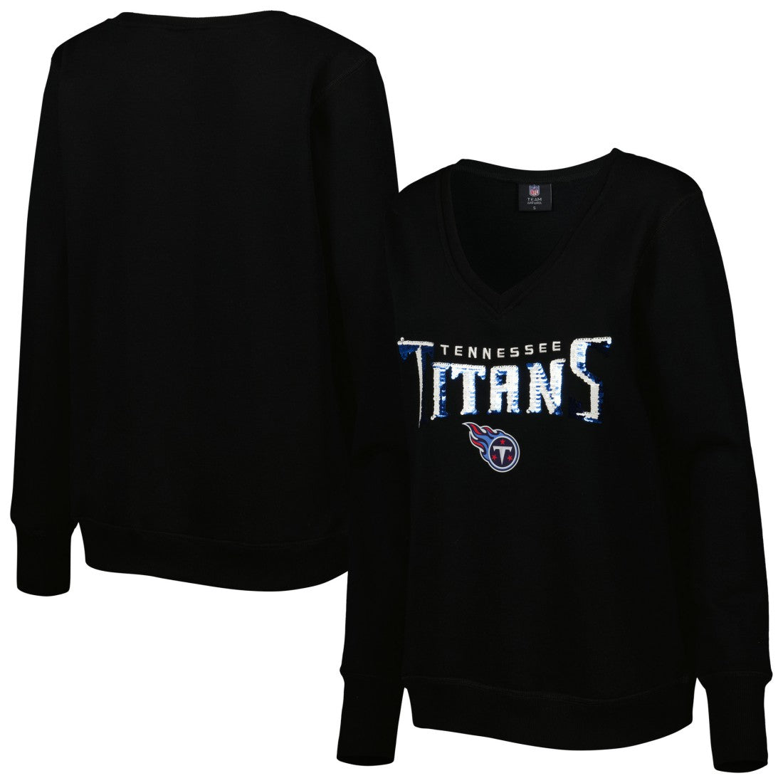 Tennessee Titans Cuce Women's Sequin Logo V-Neck Pullover Sweatshirt - Black - NFL