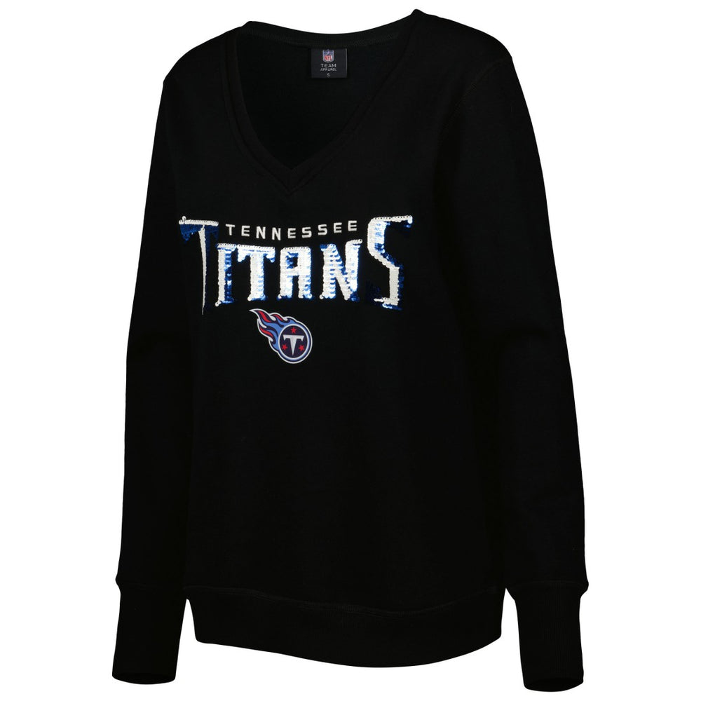 Tennessee Titans Cuce Women's Sequin Logo V-Neck Pullover Sweatshirt - Black - NFL