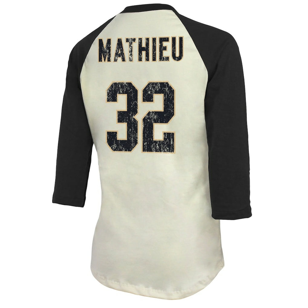 Tyrann Mathieu New Orleans Saints Majestic Threads Women's Player Name & Number Tri-Blend Three-Quarter Sleeve T-Shirt - Cream - NFL