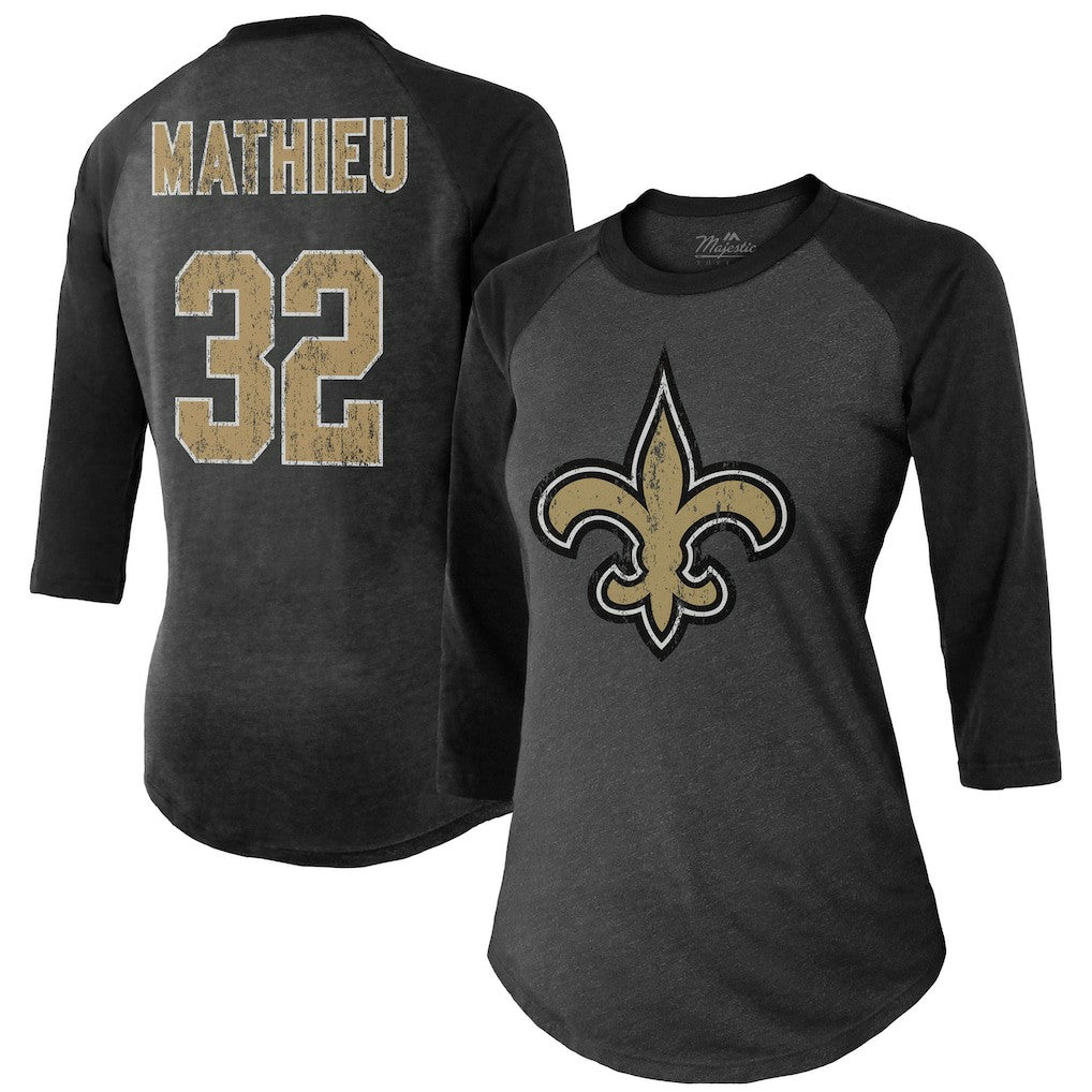 Tyrann Mathieu New Orleans Saints Majestic Threads Women's Name & Number Raglan 3/4 Sleeve T-Shirt - Black - NFL