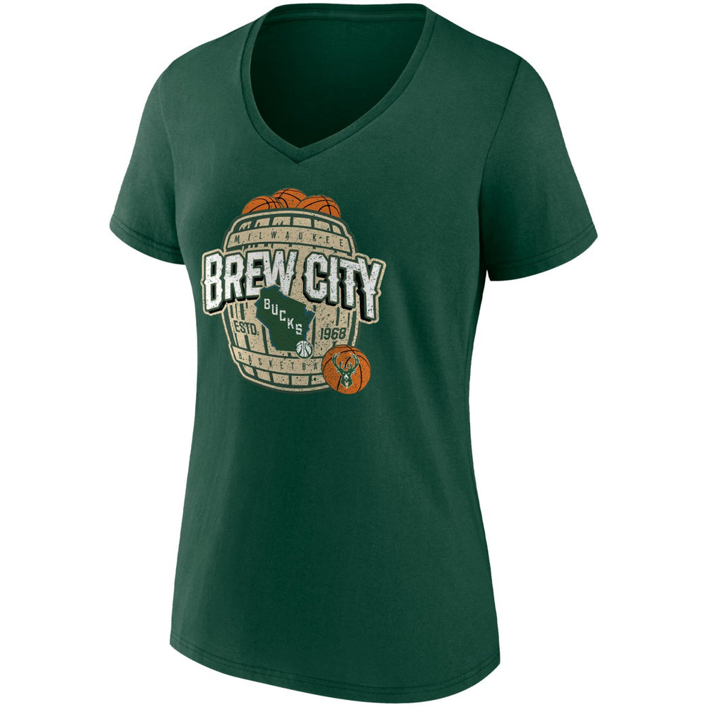 Fanatics Milwaukee Bucks Women's Hometown Collection Brew City V-Neck T-Shirt Hunter Green