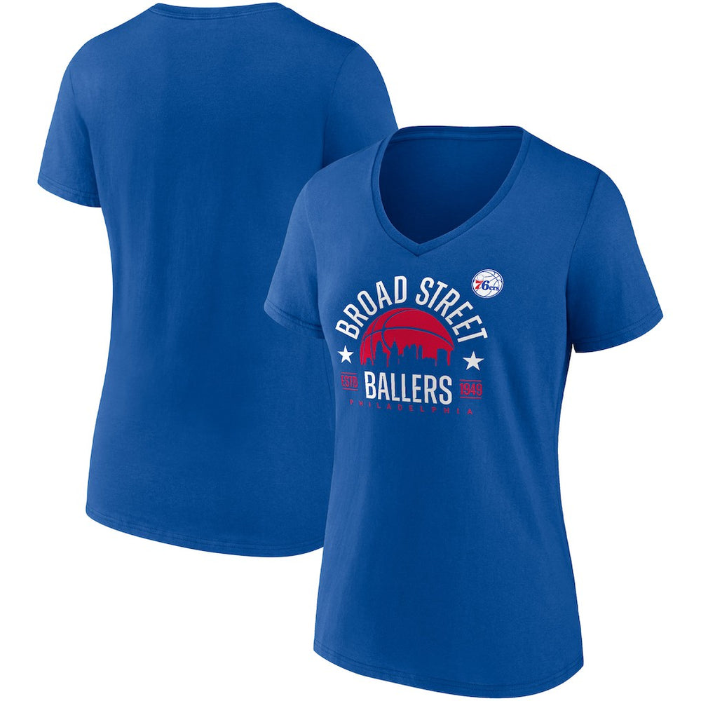 Fanatics Philadelphia 76ers Women's Hometown Collection Broad Street Ballers V-Neck T-Shirt Royal
