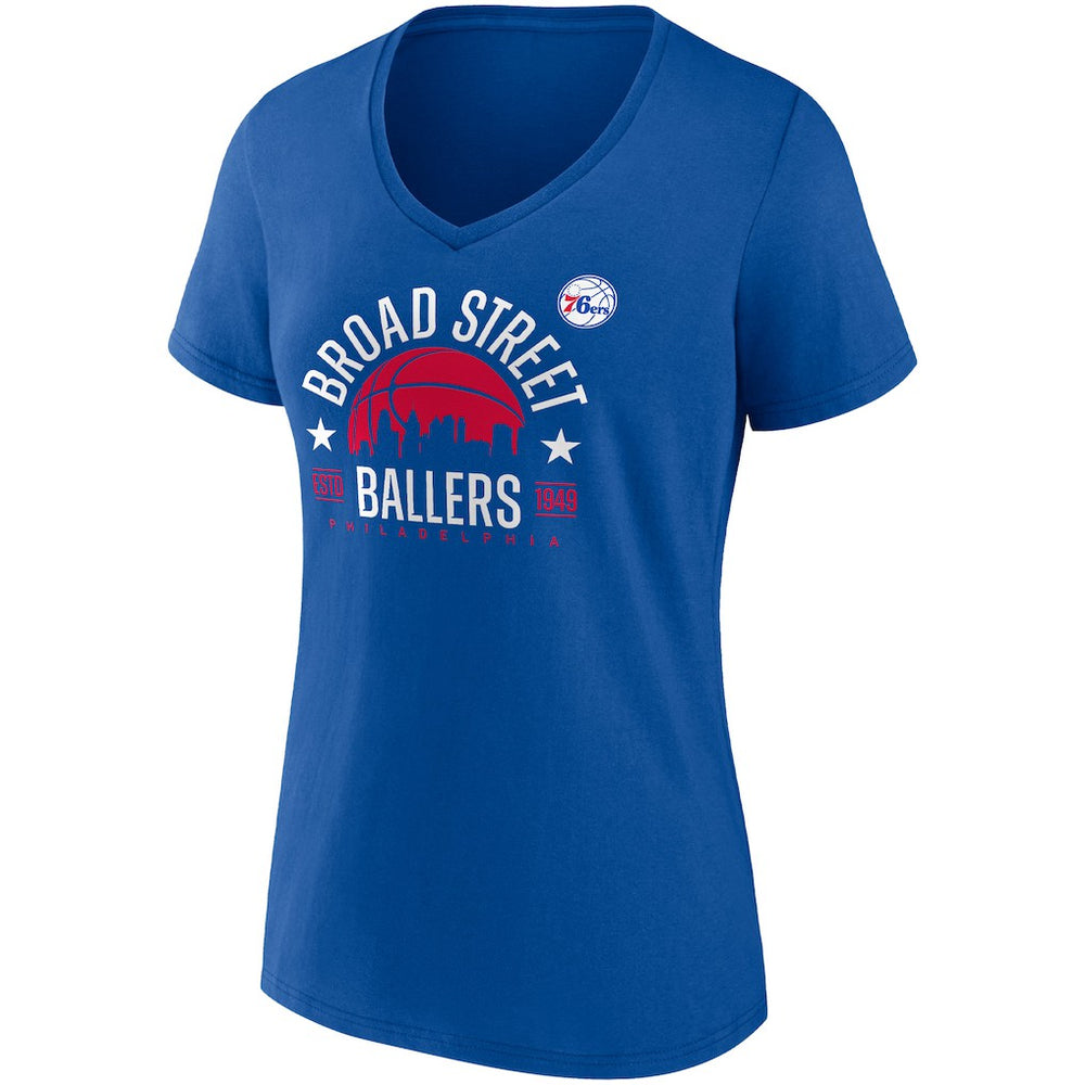 Fanatics Philadelphia 76ers Women's Hometown Collection Broad Street Ballers V-Neck T-Shirt Royal