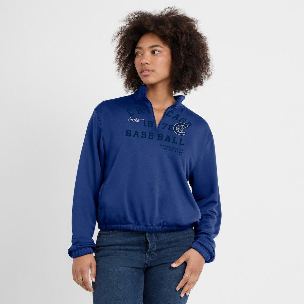Chicago Cubs Nike Women's Rewind Splice Half-Zip Semi-Cropped Bubble Hem Sweatshirt Discount