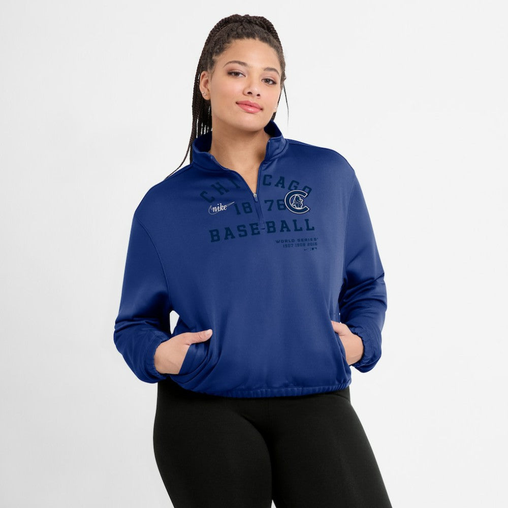 Chicago Cubs Nike Women's Rewind Splice Half-Zip Semi-Cropped Bubble Hem Sweatshirt Discount