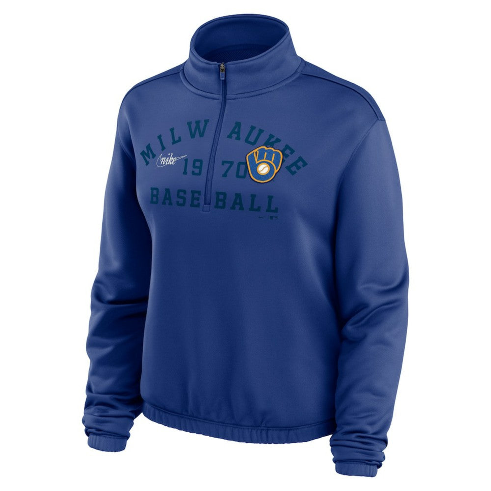 Milwaukee Brewers Nike Women's Rewind Splice Half-Zip Semi-Cropped Bubble Hem Sweatshirt Discount