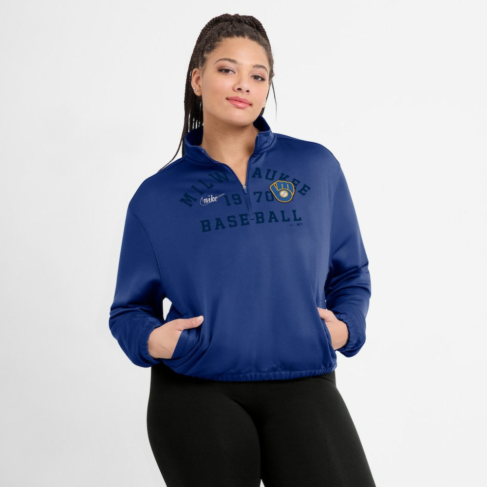 Milwaukee Brewers Nike Women's Rewind Splice Half-Zip Semi-Cropped Bubble Hem Sweatshirt Discount