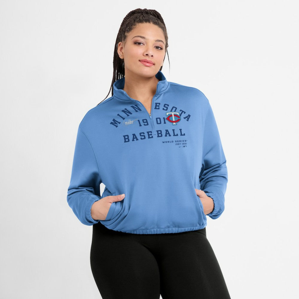 Minnesota Twins Nike Women's Rewind Splice Half-Zip Semi-Cropped Bubble Hem Sweatshirt Online
