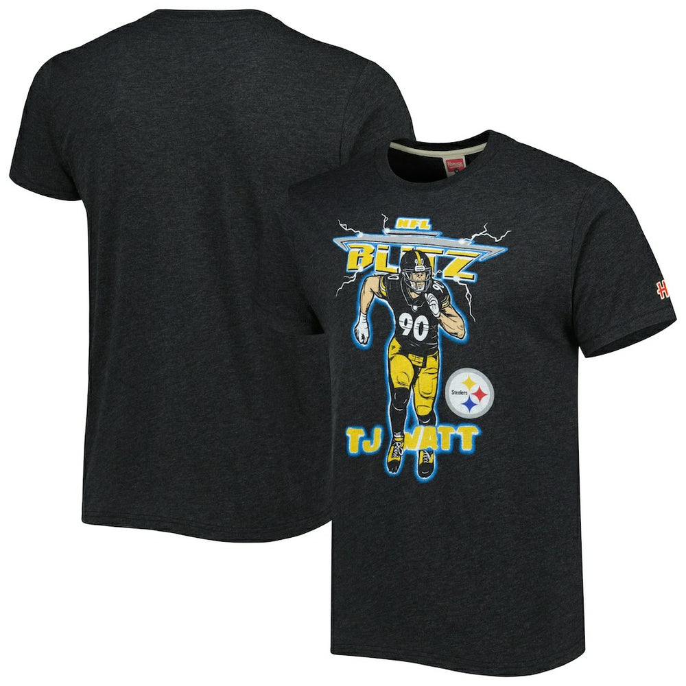 T.J. Watt Pittsburgh Steelers Homage Unisex NFL Blitz Player Tri-Blend T-Shirt - Heathered Heather Charcoal - NFL