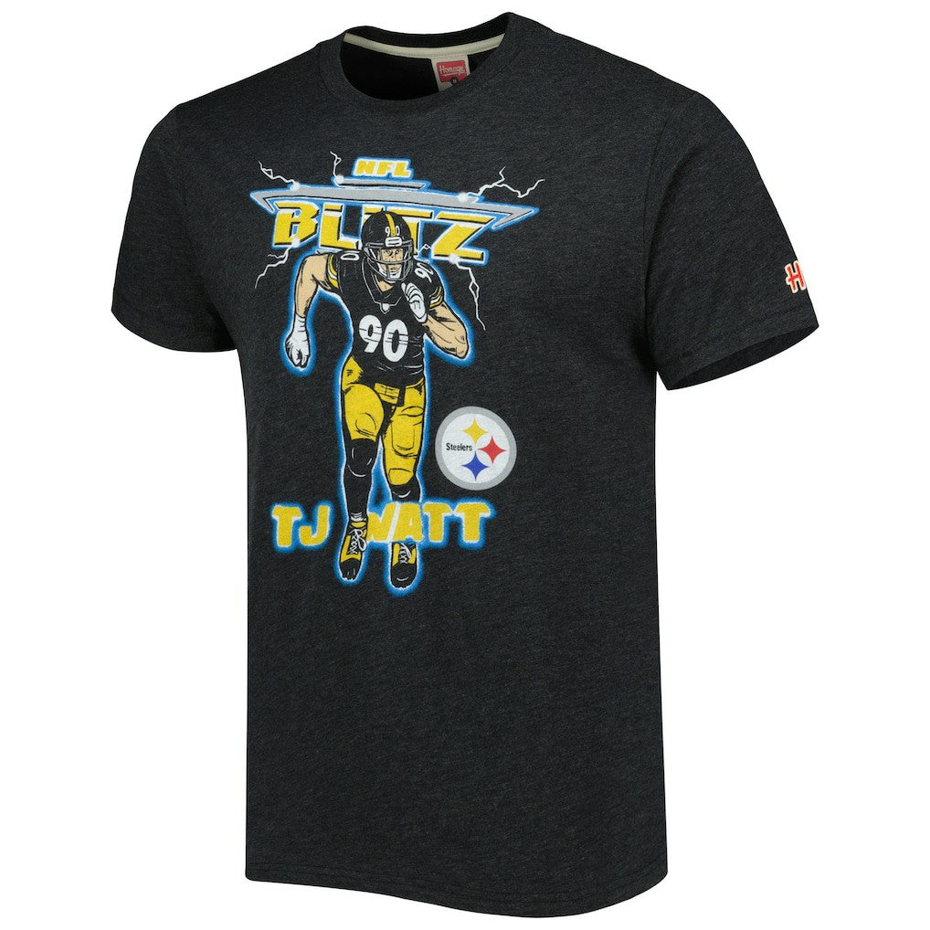 T.J. Watt Pittsburgh Steelers Homage Unisex NFL Blitz Player Tri-Blend T-Shirt - Heathered Heather Charcoal - NFL