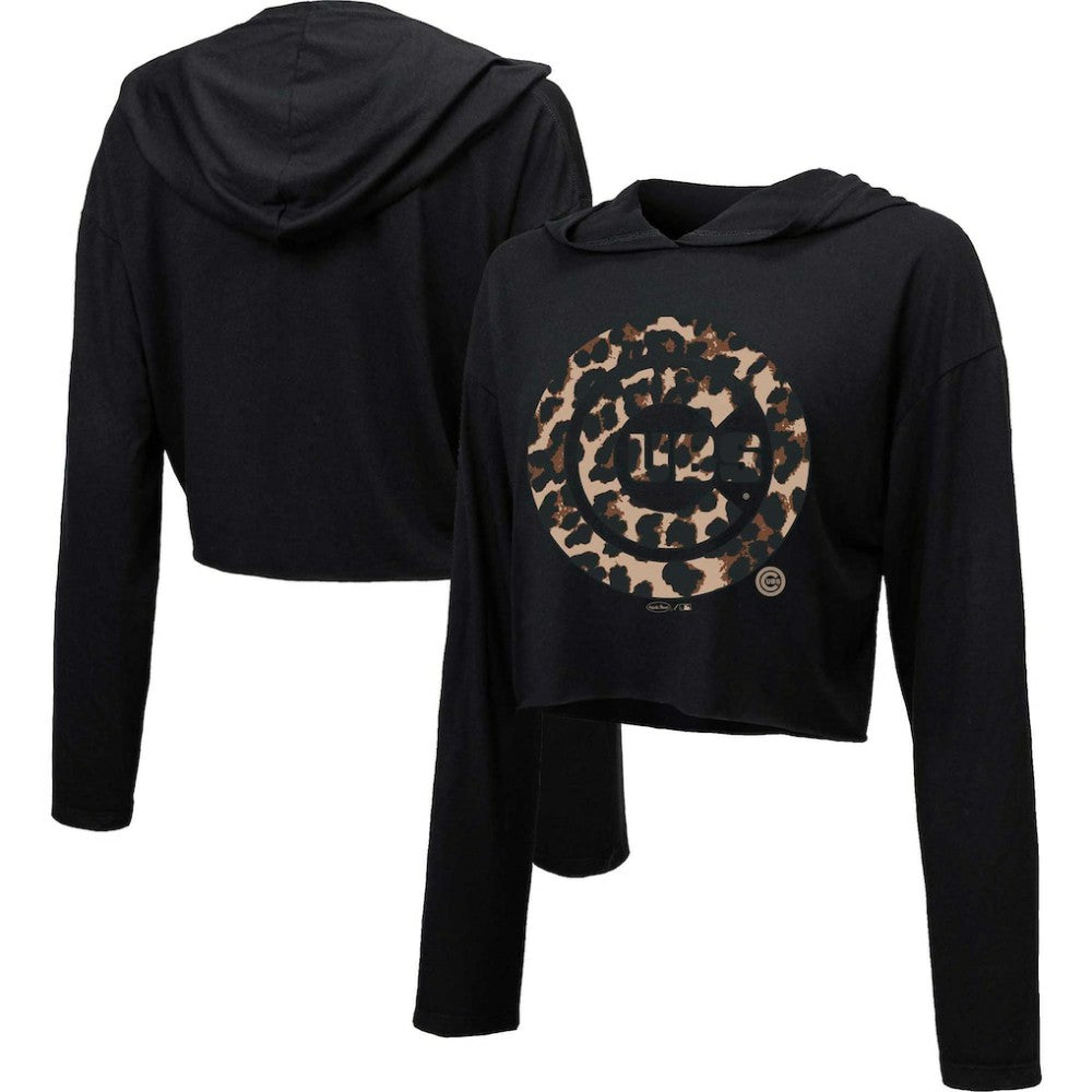Chicago Cubs Majestic Threads Women's Leopard Cropped Hoodie Outlet