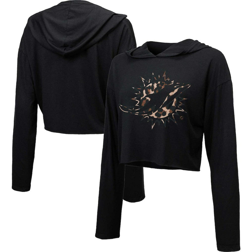 Miami Dolphins Majestic Threads Women's Leopard Cropped Pullover Hoodie - Black - NFL