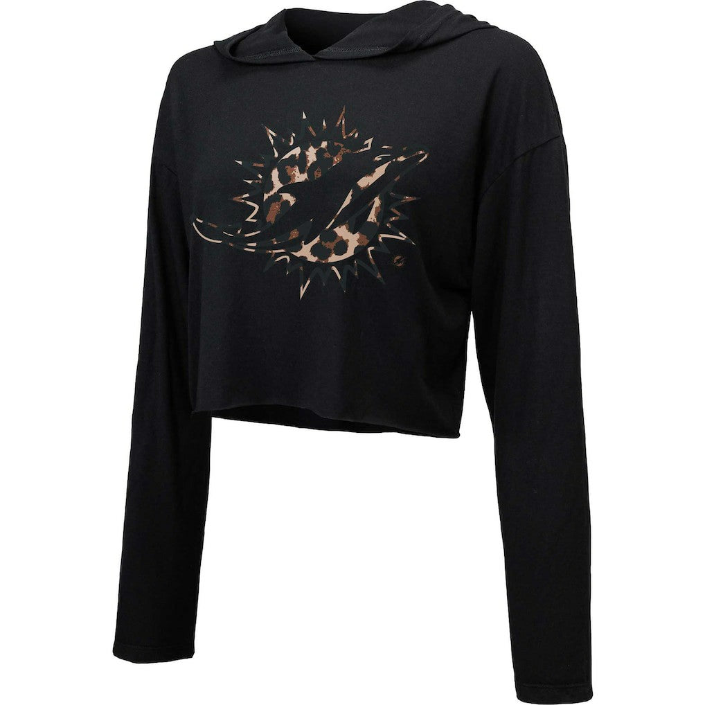 Miami Dolphins Majestic Threads Women's Leopard Cropped Pullover Hoodie - Black - NFL