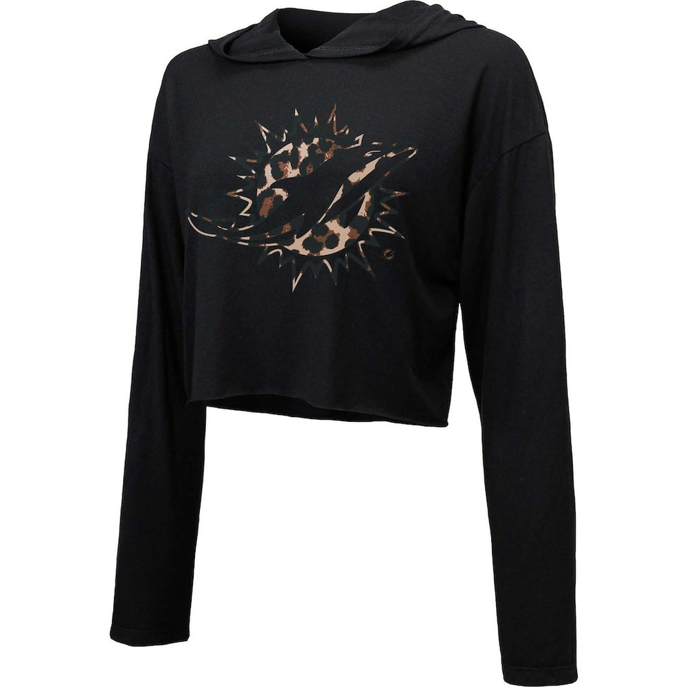 Miami Dolphins Majestic Threads Women's Leopard Cropped Pullover Hoodie - Black - NFL