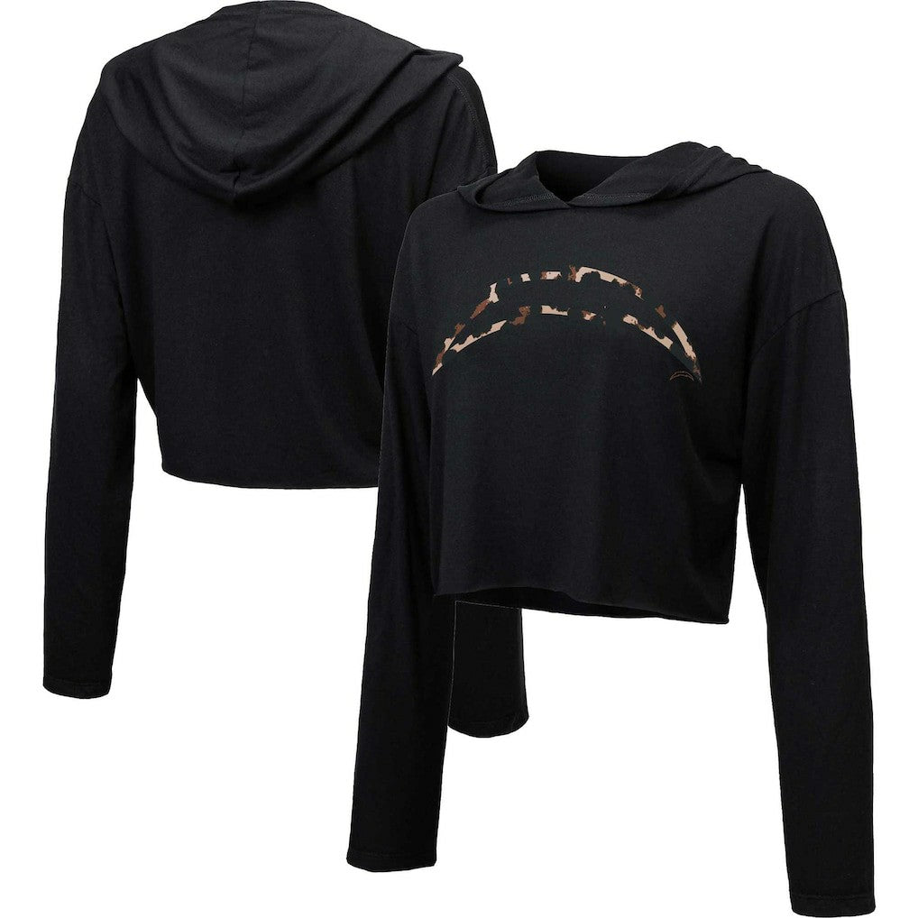 Los Angeles Chargers Majestic Threads Women's Leopard Cropped Pullover Hoodie - Black - NFL
