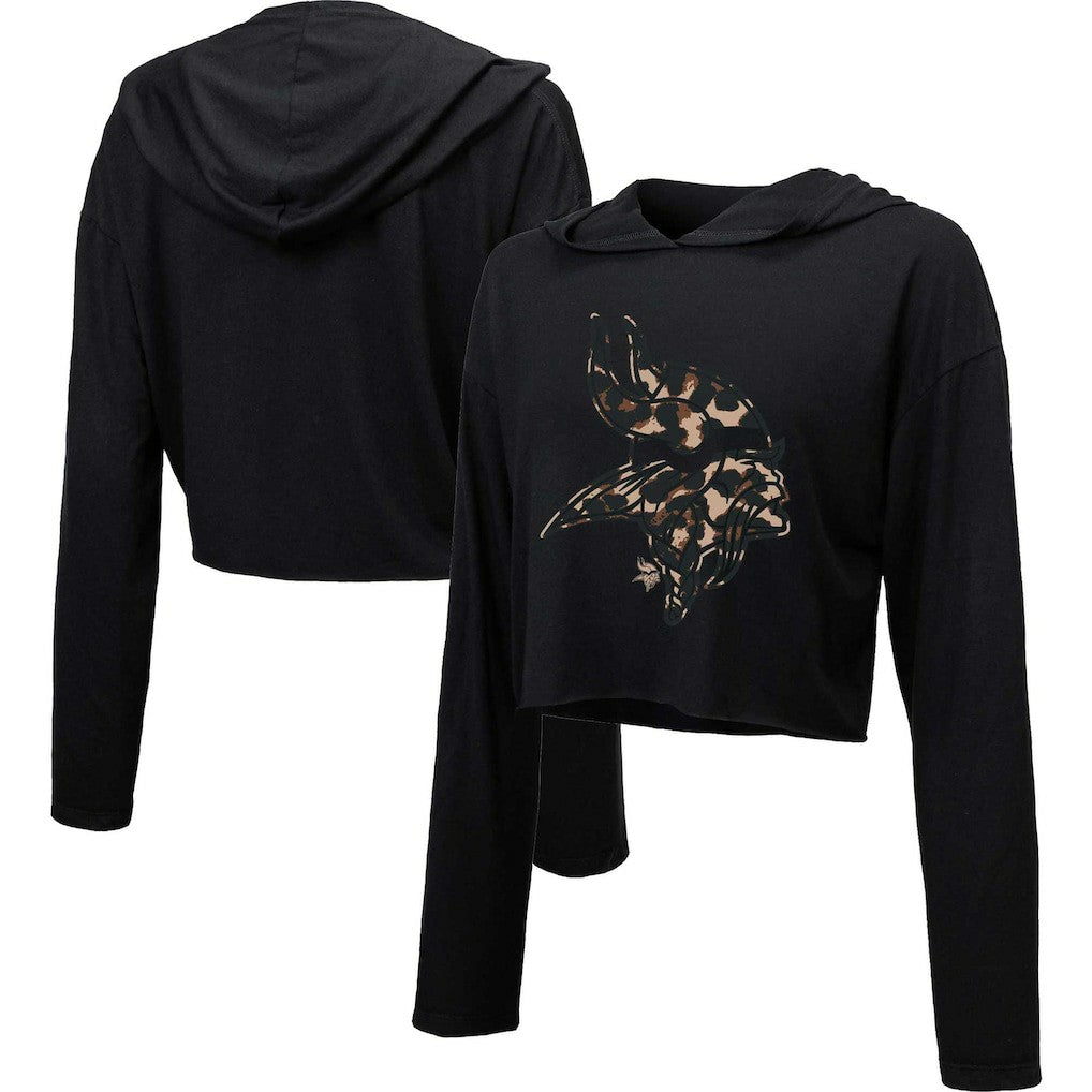 Minnesota Vikings Majestic Threads Women's Leopard Cropped Pullover Hoodie - Black - NFL