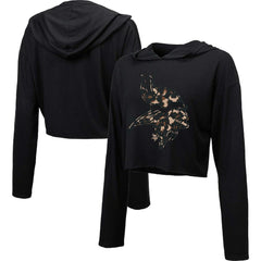 Minnesota Vikings Majestic Threads Women's Leopard Cropped Pullover Hoodie - Black - NFL