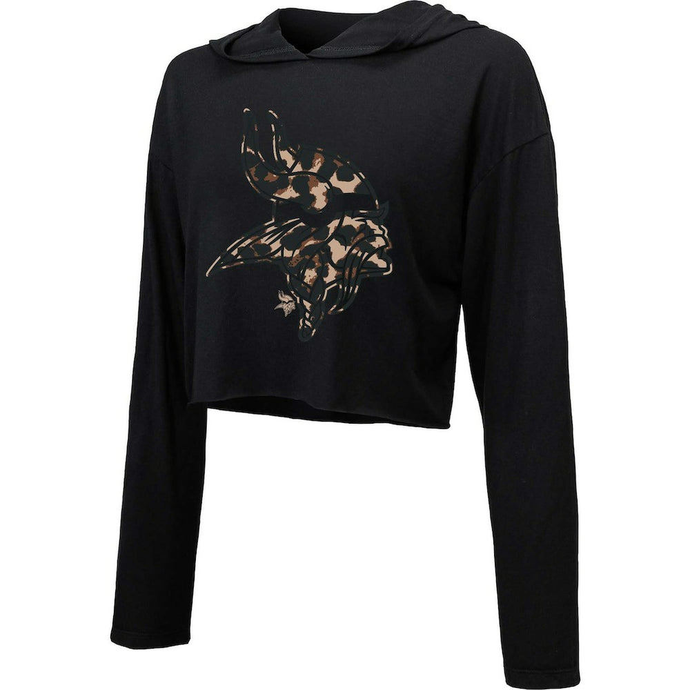 Minnesota Vikings Majestic Threads Women's Leopard Cropped Pullover Hoodie - Black - NFL