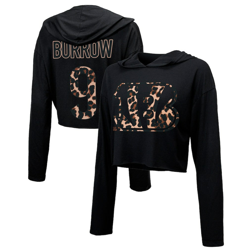 Joe Burrow Cincinnati Bengals Majestic Threads Women's Leopard Player Name & Number Long Sleeve Cropped Hoodie - Black - NFL