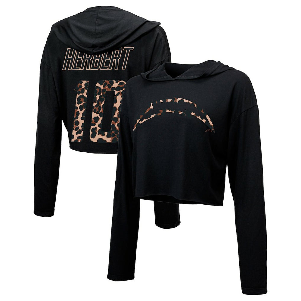 Justin Herbert Los Angeles Chargers Majestic Threads Women's Leopard Player Name & Number Long Sleeve Cropped Hoodie - Black - NFL