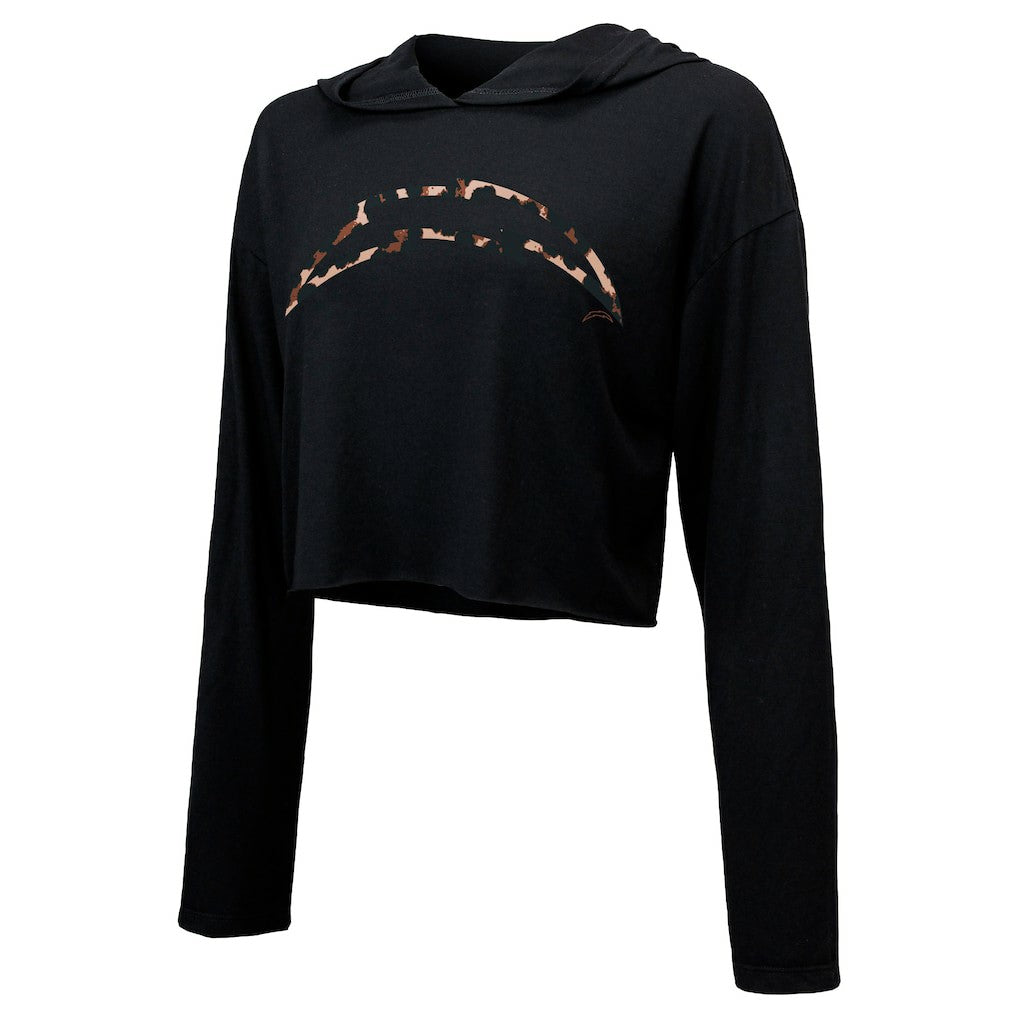 Justin Herbert Los Angeles Chargers Majestic Threads Women's Leopard Player Name & Number Long Sleeve Cropped Hoodie - Black - NFL