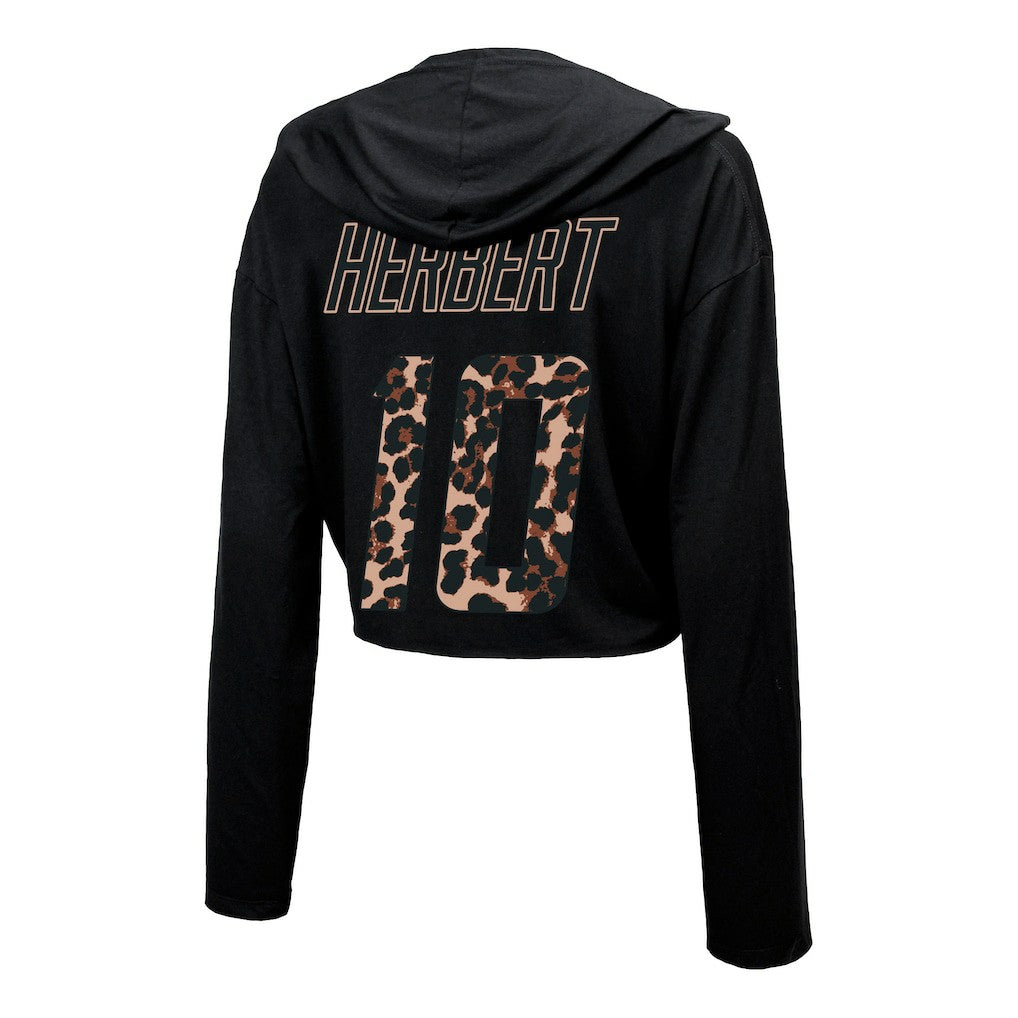 Justin Herbert Los Angeles Chargers Majestic Threads Women's Leopard Player Name & Number Long Sleeve Cropped Hoodie - Black - NFL