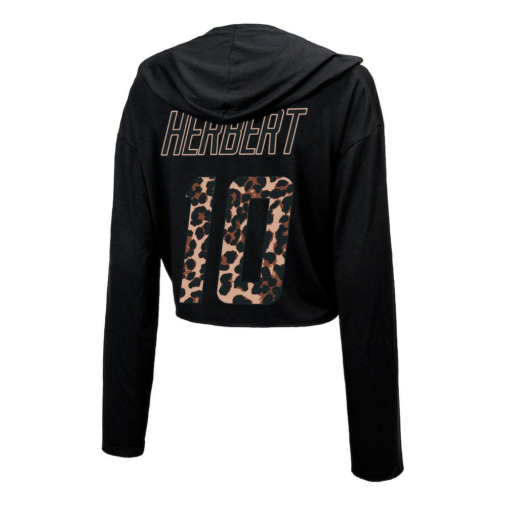 Justin Herbert Los Angeles Chargers Majestic Threads Women's Leopard Player Name & Number Long Sleeve Cropped Hoodie - Black - NFL